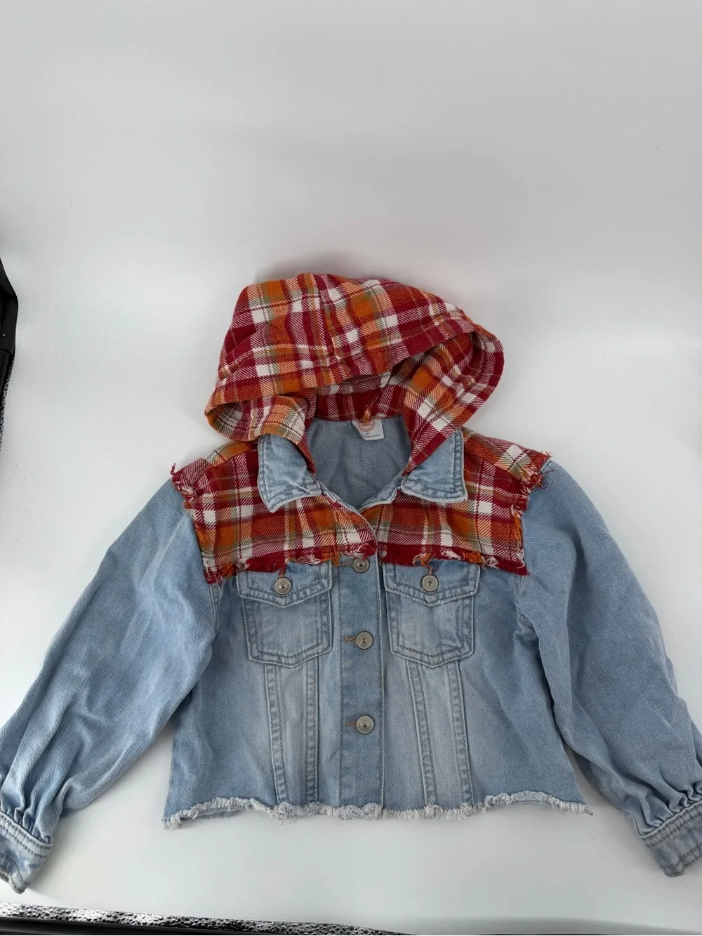 Wonder Nation Toddler Jean Jacket Hooded Plaid Flannel Distressed Denim 4T